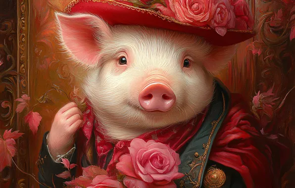 Flowers, hat, pig, pig, pig, imitation painting, AI art, neural network