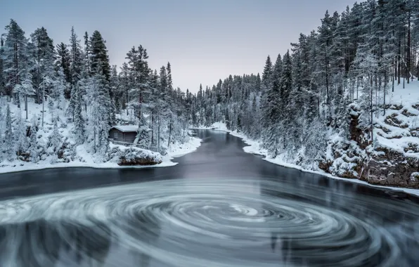 Picture winter, forest, nature, river, finland, in kuusamo, myllykoski