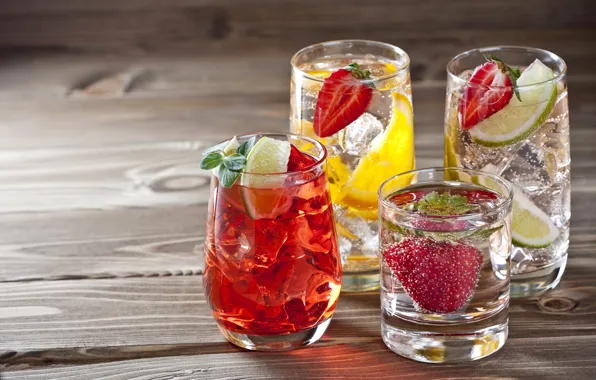 Ice, strawberry, alcohol, lime, glasses, drinks, mint, cocktails
