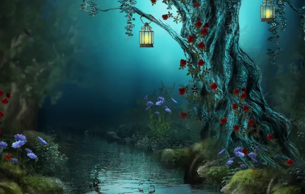 Flowers, night, nature, stream, lights, magic forest, old tree