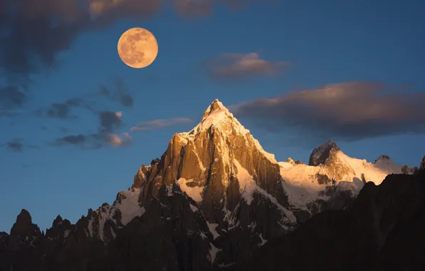 The sky, clouds, snow, mountains, nature, rocks, the moon, the full moon