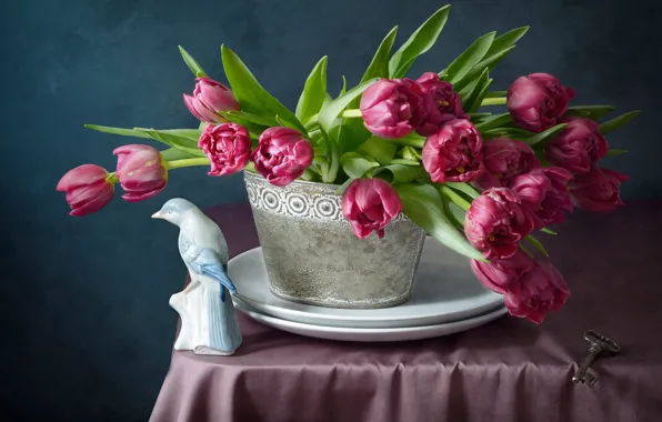 Flowers, table, bouquet, spring, key, tulips, plates, fabric