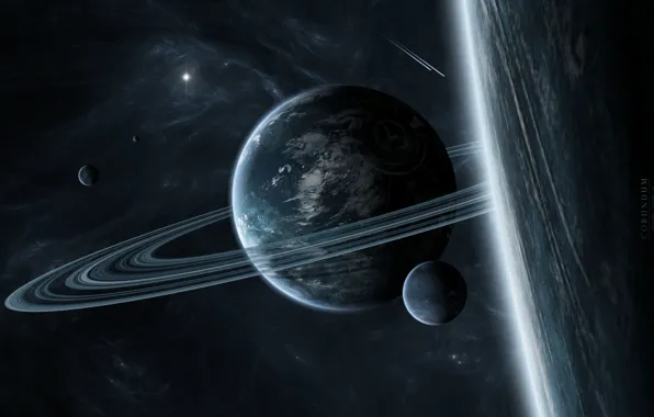 Picture planet, ring, satellites, star system, interstellar gas