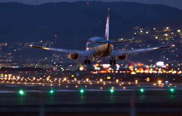 Night, lights, airport, the plane, Airbus, landing