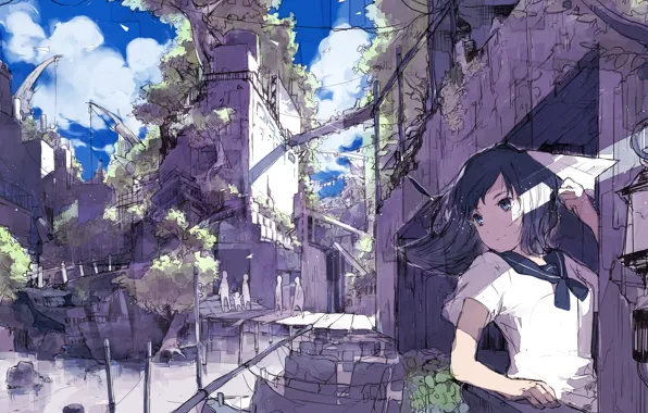 The sky, girl, clouds, the city, people, home, anime, art