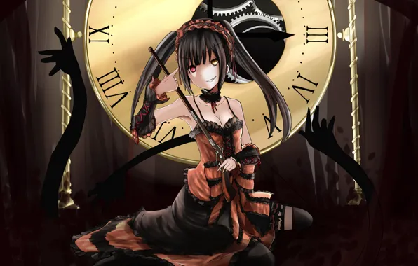 Girl, weapons, magic, watch, mechanism, art, heterochromia, date a live