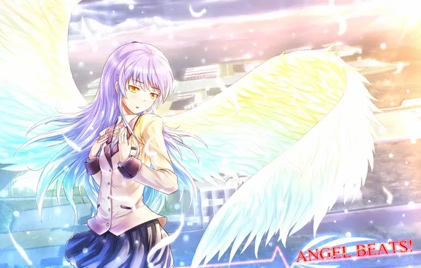Girl, clouds, the city, home, wings, anime, art, angel beats!
