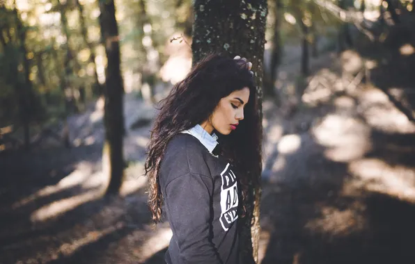 Forest, girl, trees, hair, lips, profile
