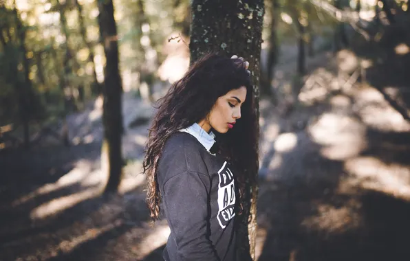 Forest, girl, tree, hair, lips, profile