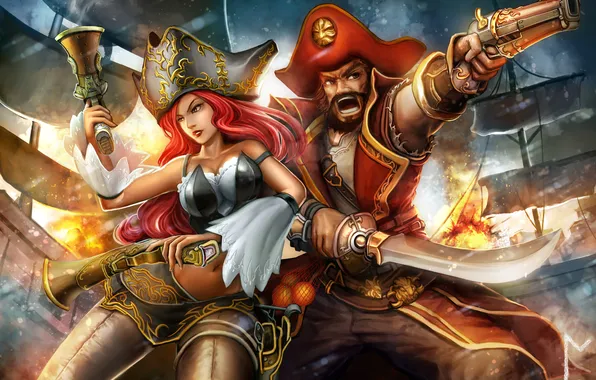 Picture weapons, ships, shooting, pirates, League of Legends, Gangplank, Miss Fortune