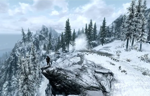 Picture cold, winter, road, the game, people, ate, The Elder Scrolls V Skyrim