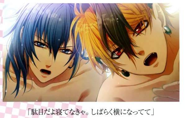 Picture surprise, red eyes, blue hair, bangs, two guys, visual novel, glass heart princess, yukito karasuma