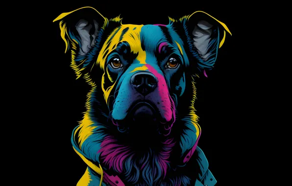 Picture colorful, minimalism, art, dog, face, rendering, dark background