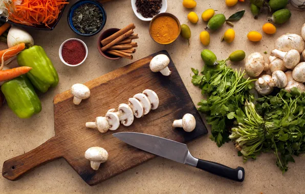 Greens, mushrooms, knife, Board, pepper, vegetables, lemons, spices
