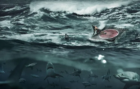 Picture sea, wave, storm, sharks, wrestlers