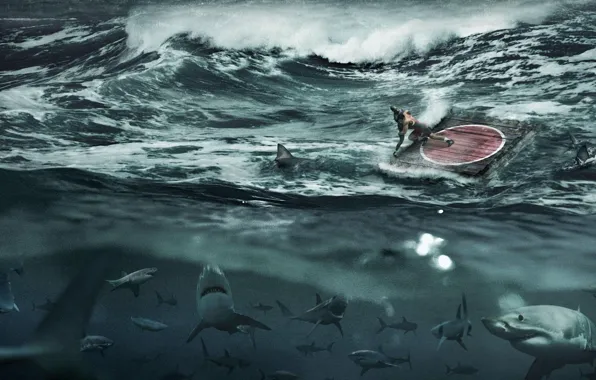 Sea, wave, storm, sharks, wrestlers