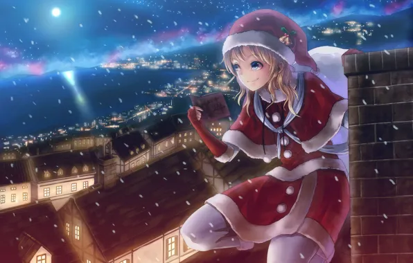 Roof, night, the city, lights, holiday, new year, anime, pipe