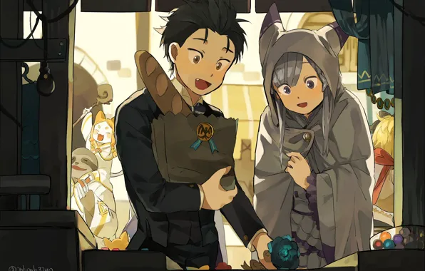 Girl, guy, cloak, baton, Emilia, Re: Zero Kara Hajime Chip Isek Or Seikatsu, Natsuki Subaru