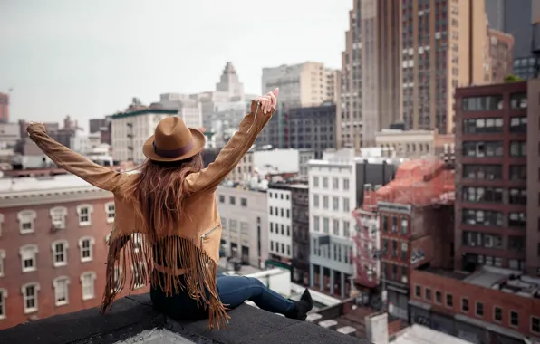 Picture girl, the city, pose, mood, building, New York, hat, hands