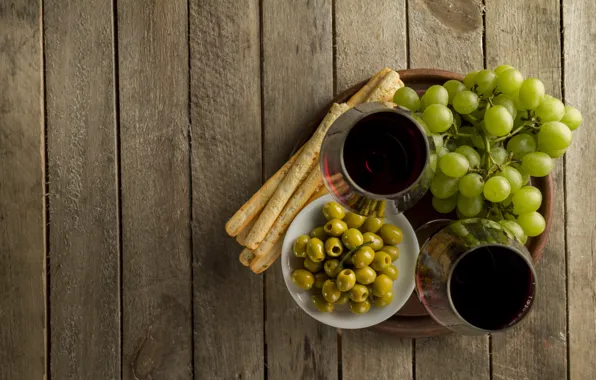 Picture wine, plate, bread, grapes, olives, wooden background, breadsticks