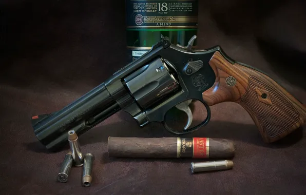 Gun, whiskey, weapon, revolver, cigar, Smith & Wesson, Ammunition, S&W