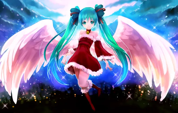 Picture girl, joy, new year, wings, angel, vocaloid, hatsune miku, Vocaloid