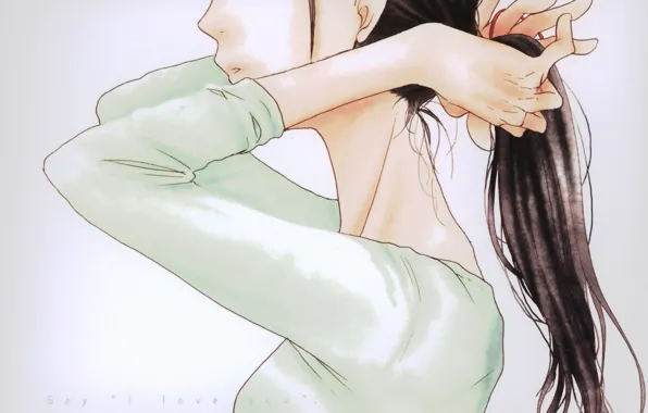 Grey background, long hair, neck, in profile, hands behind head, Say i love you, Asami …