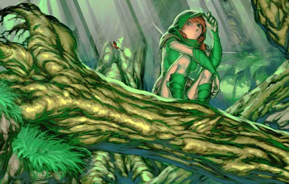 Picture girl, tree, butterfly, figure, sitting, Dota 2, Windrunner, Windranger