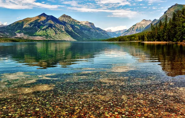 The sky, mountains, lake, stones