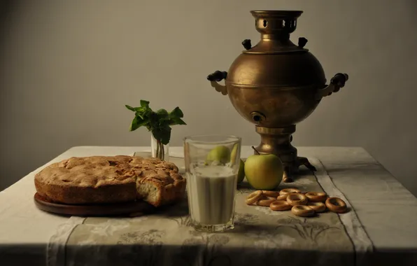 Picture glass, apples, Apple, milk, pie, tablecloth, Charlotte, Samovar