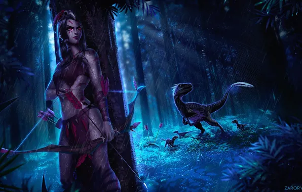 Girl, Figure, Forest, Bow, Fantasy, Art, Hunter, Raptor