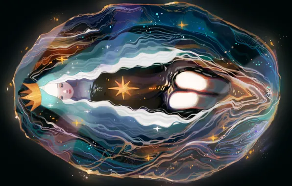 Stars, long hair, in the water, knees, mermaid, by Aki_a0623, corona, sea Princess