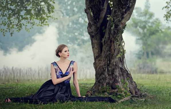 Grass, look, girl, trees, pose, dress, Chakrit Chanpen