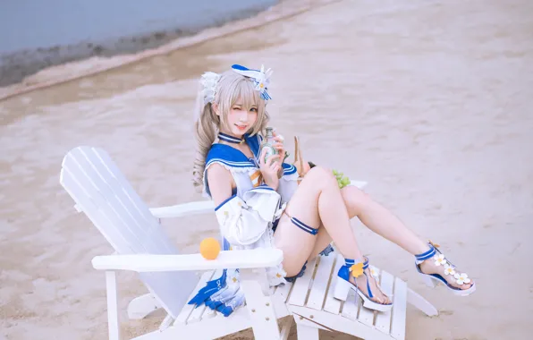 Picture Asian, legs, blue eyes, cosplay, bench, white dress, Barbara, Genshin Impact