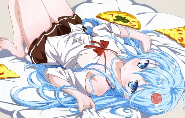 Look, girl, smile, pillow, pizza, shoulders, school uniform, Denpa onna to seishun otoko