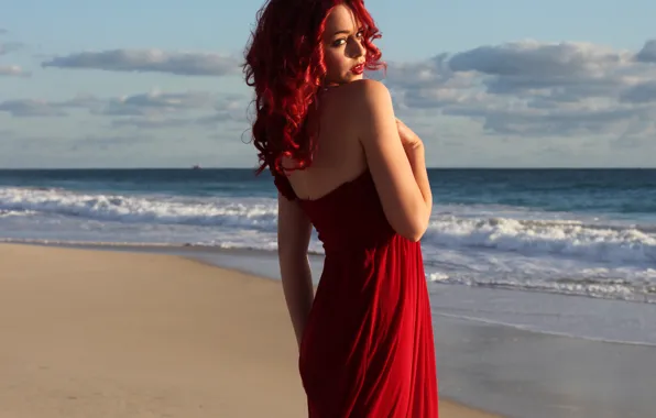 Picture sea, wave, beach, look, girl, face, red dress, red hair