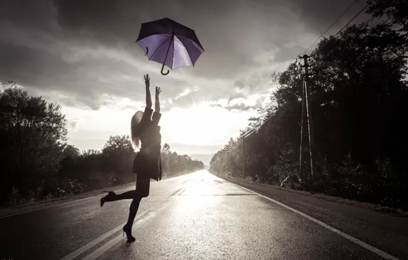 Picture road, girl, umbrella