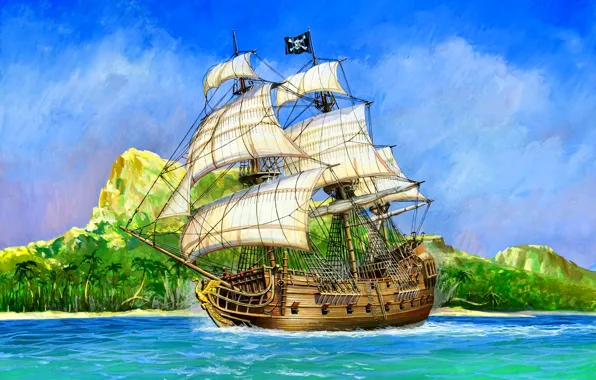 Picture ship, Pirate, "Black Swan", Galleon, 18 pounder gun, broadside contains 16 cannonballs