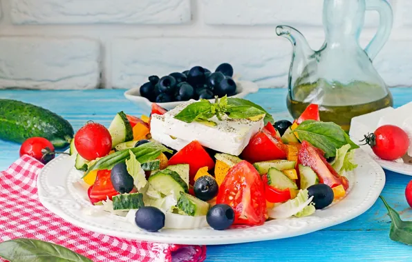 Oil, pepper, tomatoes, cucumbers, salad, olives, Greek, Basil