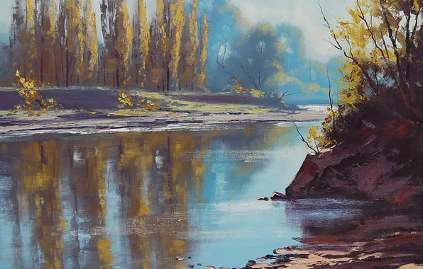 Autumn, water, trees, nature, reflection, river, art, artsaus
