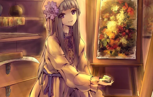 Girl, flowers, paint, picture, anime, art, curtains, horai no han gengetsu