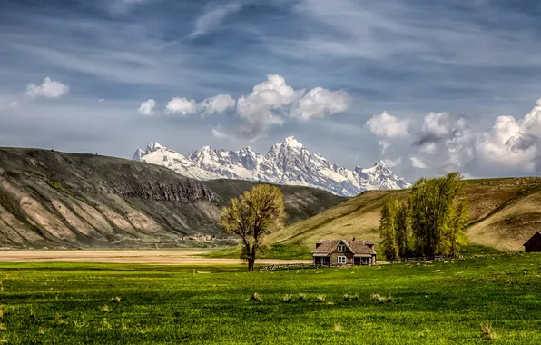Picture field, the sky, clouds, mountains, nature, house, farm