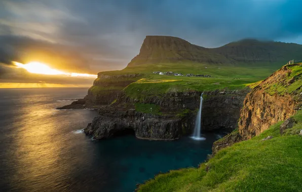 Sea, summer, the sky, grass, the sun, clouds, light, mountains