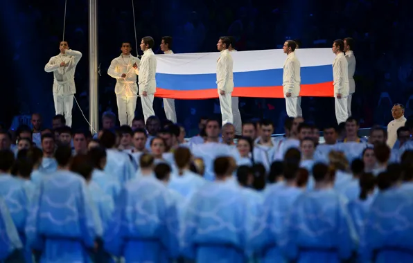 Picture people, Flag, Russia, tricolor, athletes, banner, choir, Sochi 2014