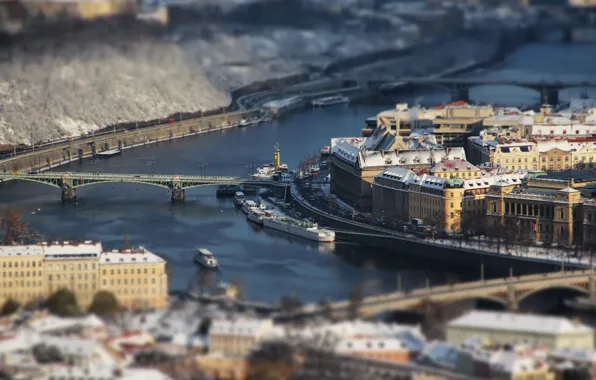 Picture bridge, the city, river, home, ships, Prague, tilt-shift