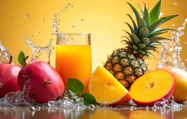 Squirt, glass, juice, fruit, mango, pineapple, yellow background, fresh