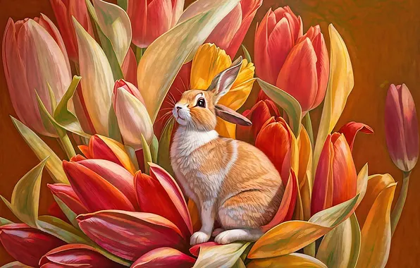Look, leaves, flowers, nature, hare, rabbit, red, Easter