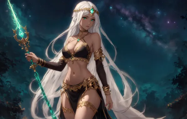 Girl, fantasy, anime, art, night sky, painting, fantasy art, white hair