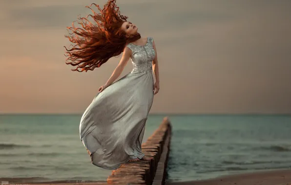 SEA, HAIR, HORIZON, The OCEAN, DRESS, RED, Lena Zemanova, Model Lena Zemanova