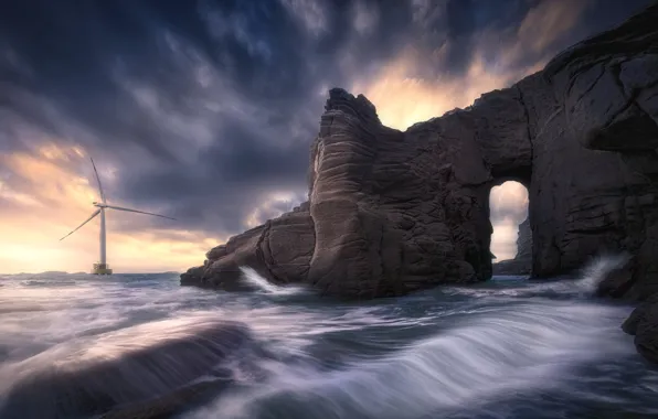 Sea, wave, clouds, clouds, rock, rocks, windmill, surf